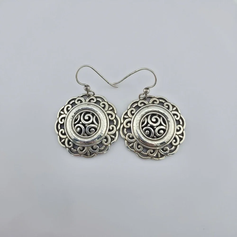 BRIGHTON 'Woodstock Moonflower' Earrings Ornate Scrollwork Silver Plate 1.5